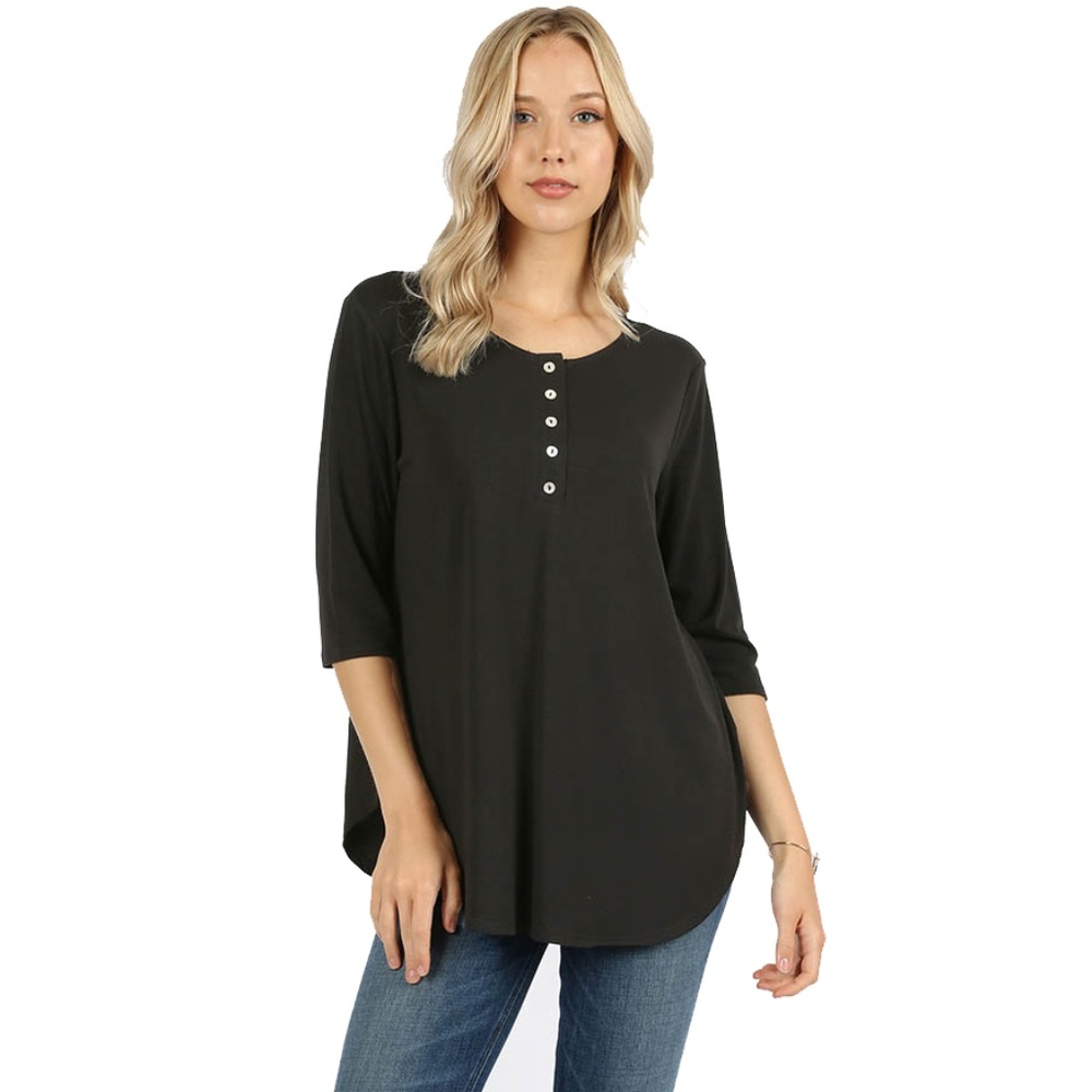 Black 3/4 Sleeve Partial Button Down Shirt